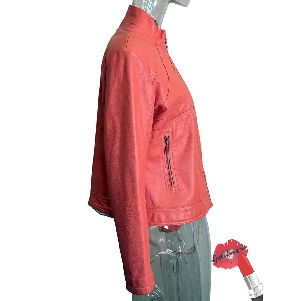 Wilsons Leather Maxima Moto Jacket‎ Womens Large Orange Biker Collarless Zip Up